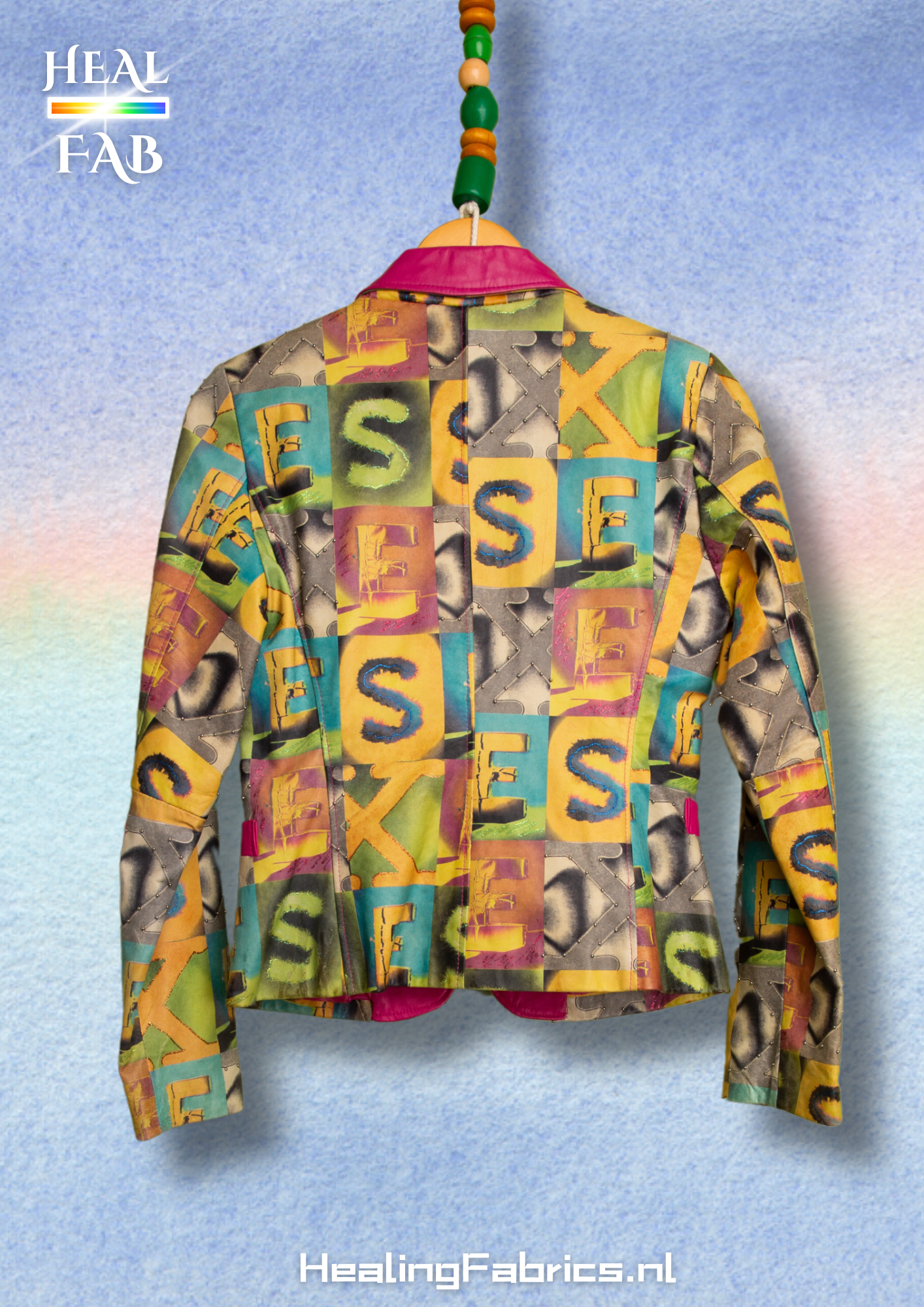The retro S-E-X print jacket in multicolors and hint of pink fuchsia