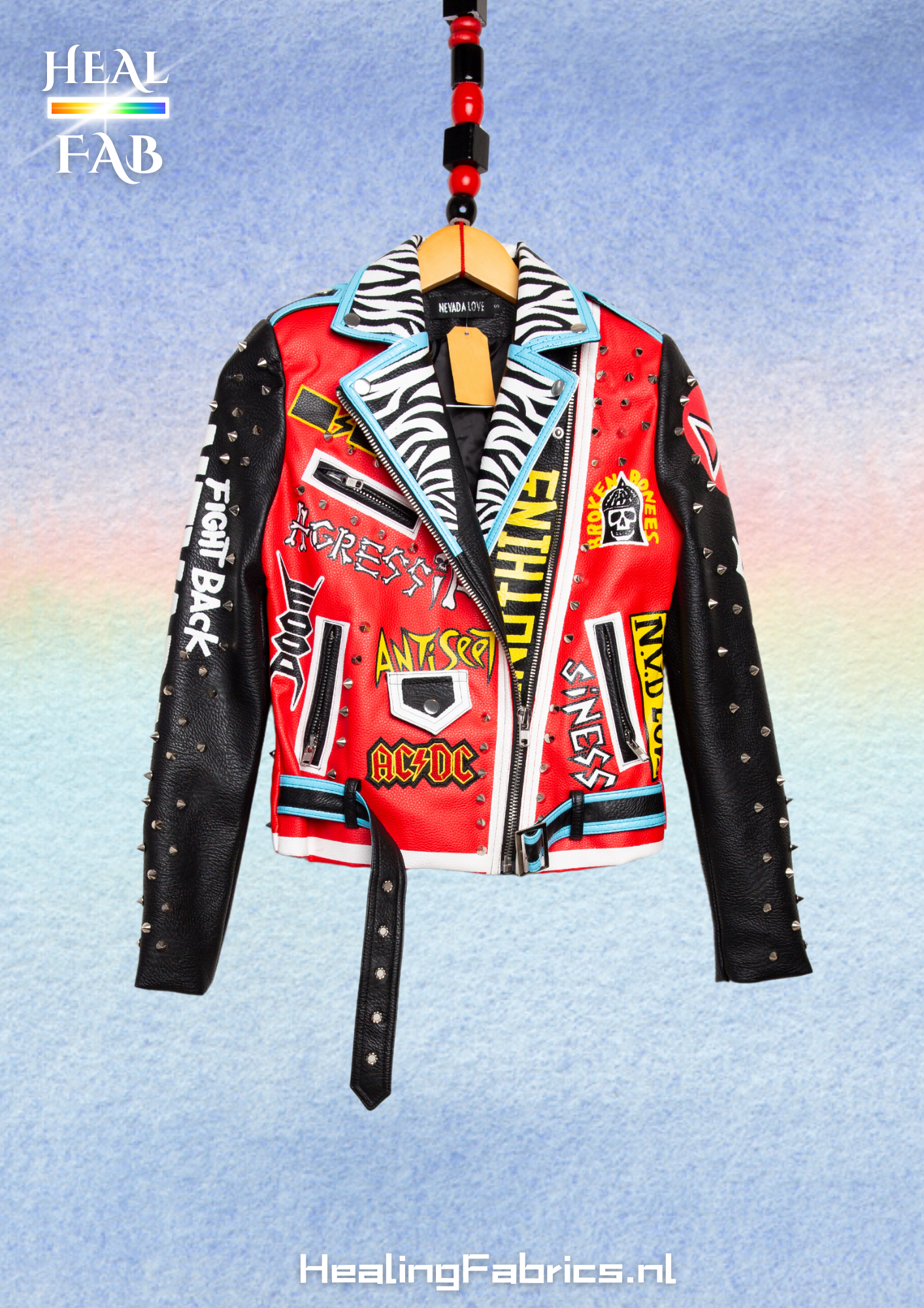 The Protestor faux leather motor jacket - with graffi print, silver studs & adjustble belt