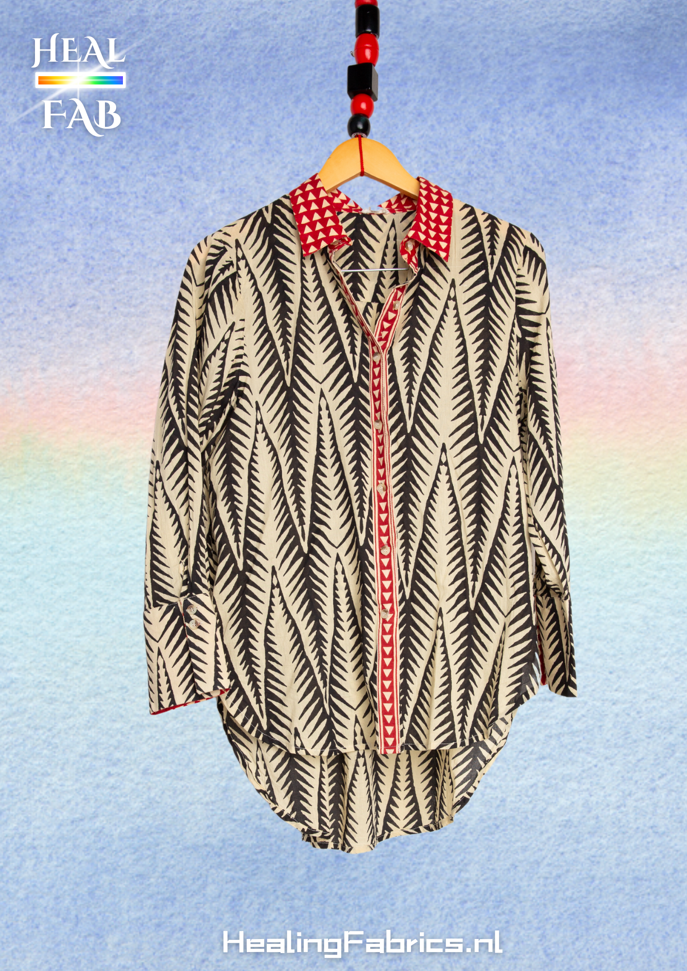 Tribal feather blouse in black and off white with red collar