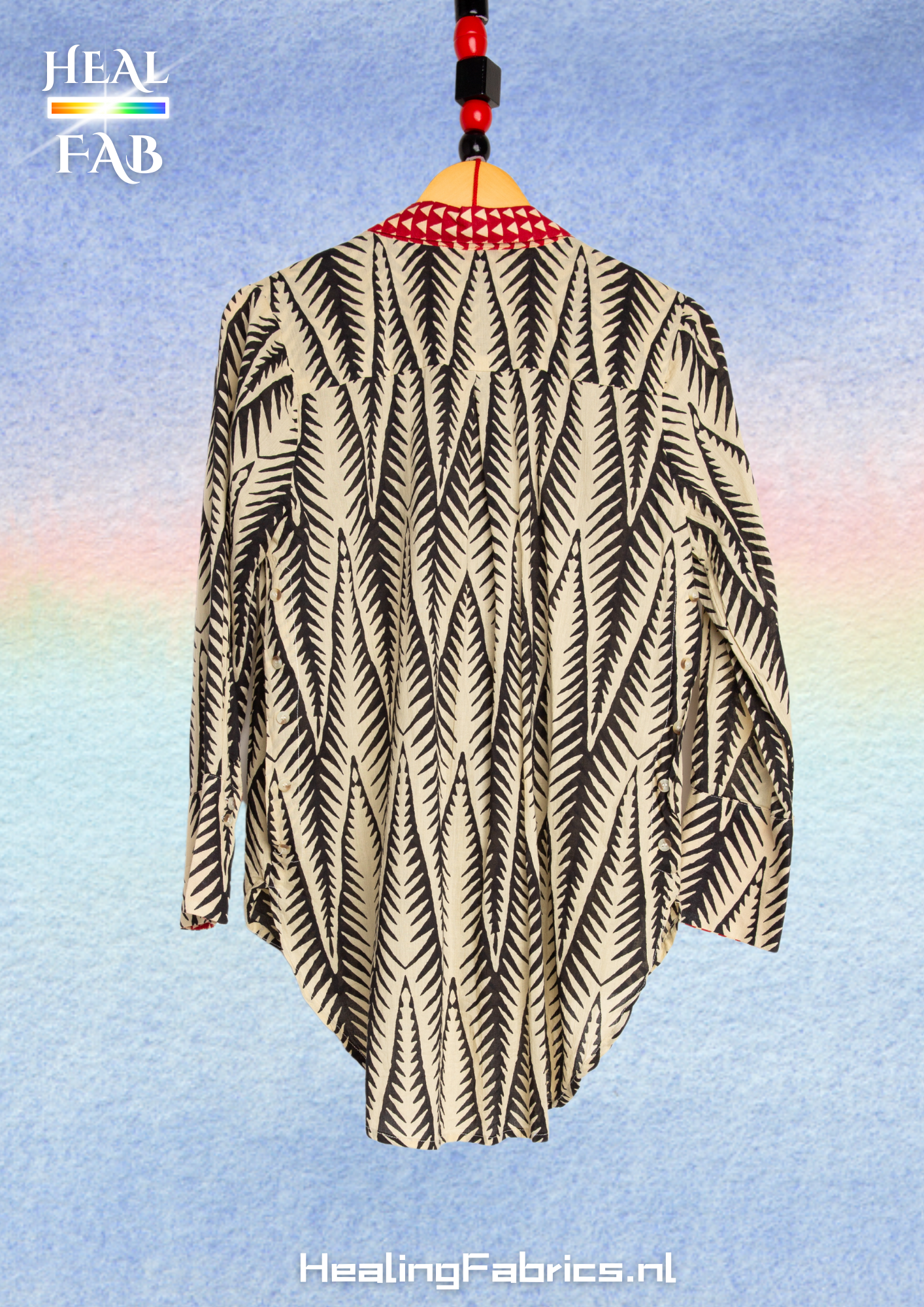Tribal feather blouse in black and off white with red collar