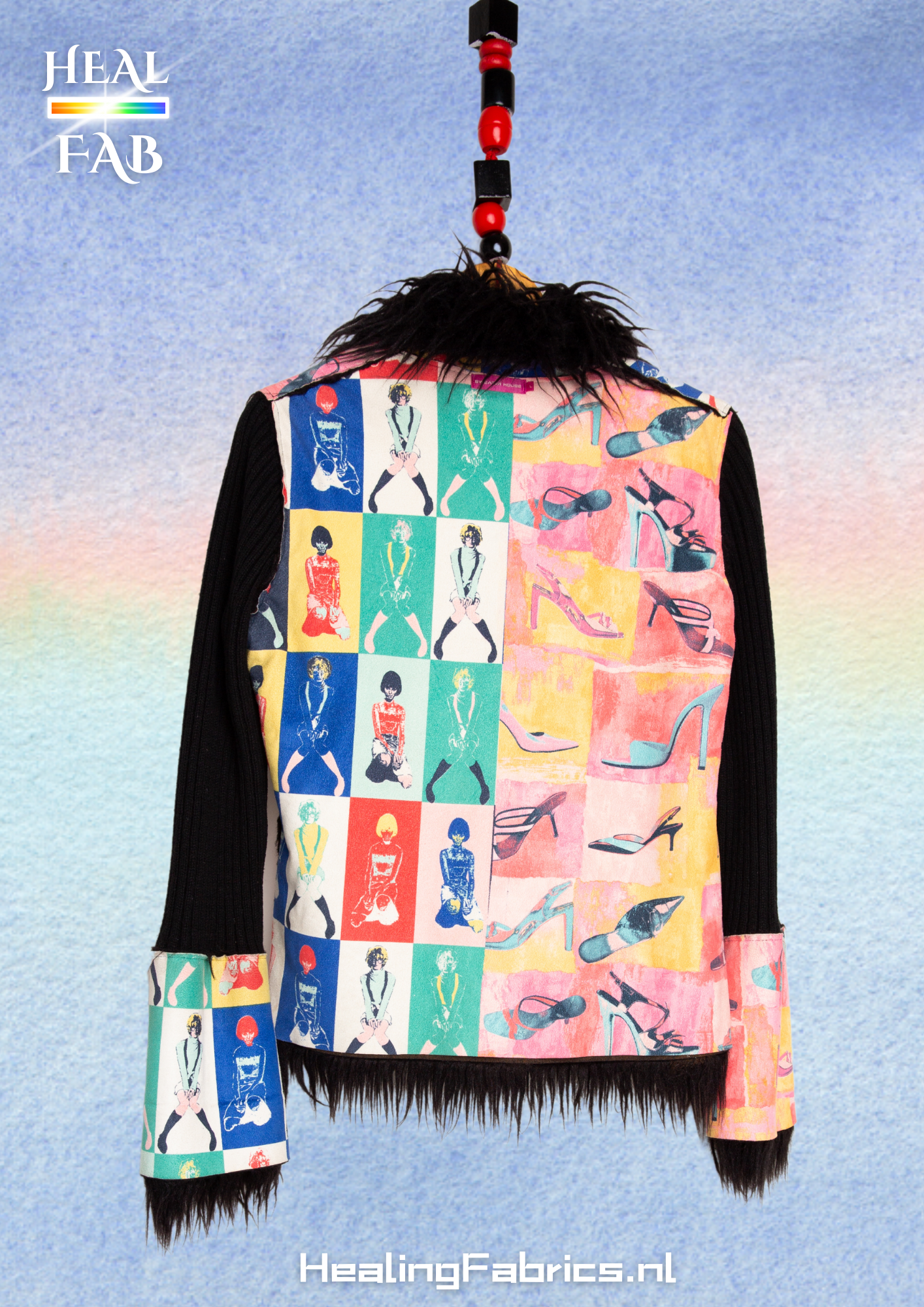 The fem pop-art jacket in multicolors of pink, blue, yellow, green
