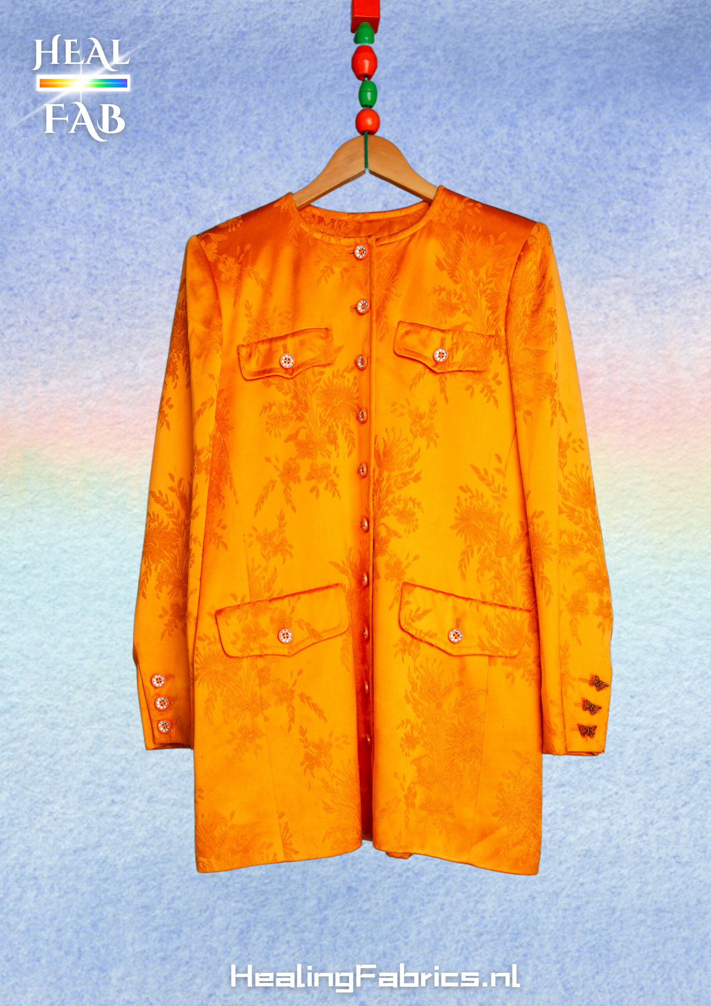 High gloss floral jacket with orange butterfly buttons on sleeve - Yves Saint Laurent