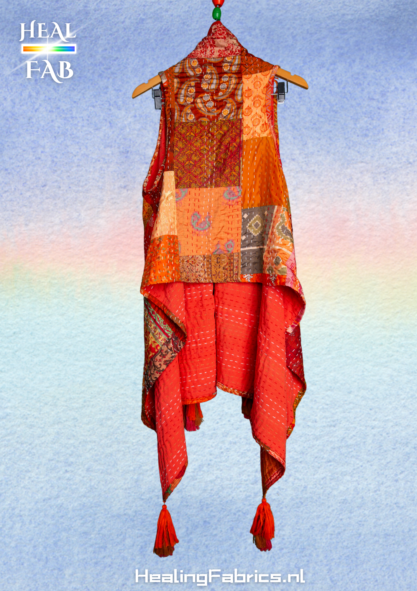 The patchwork orange scarf gilet with multicolor stitches