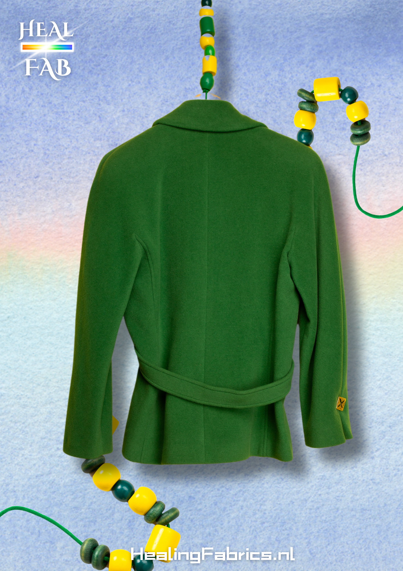 The Scarf-holder coat in moss green with gold details