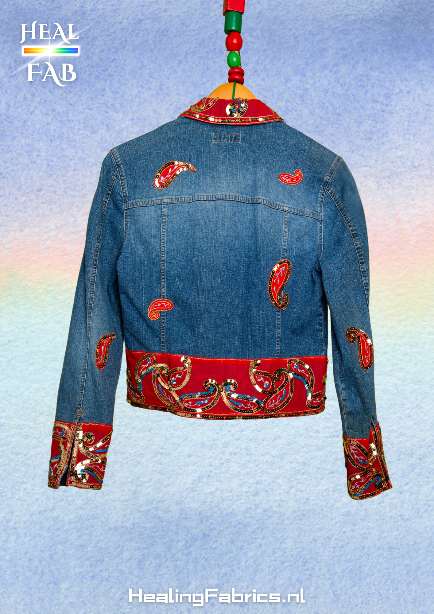 The Sparkling Elena Denim Jacket - with red silk, paisley and paillettes.
