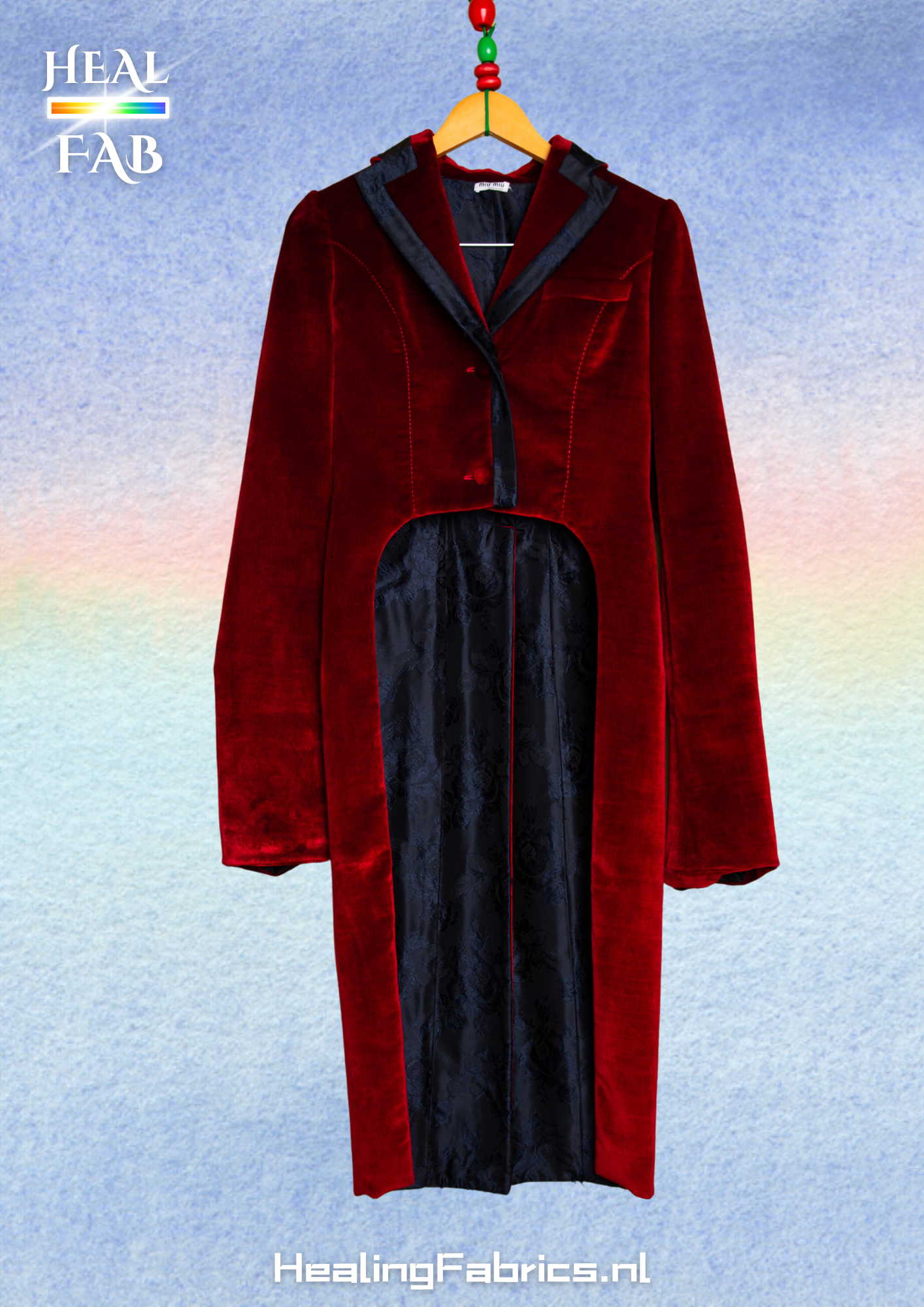 The red velvet puppet master tailcoat - Red, Black & Deep blue with back slit Miu Miu