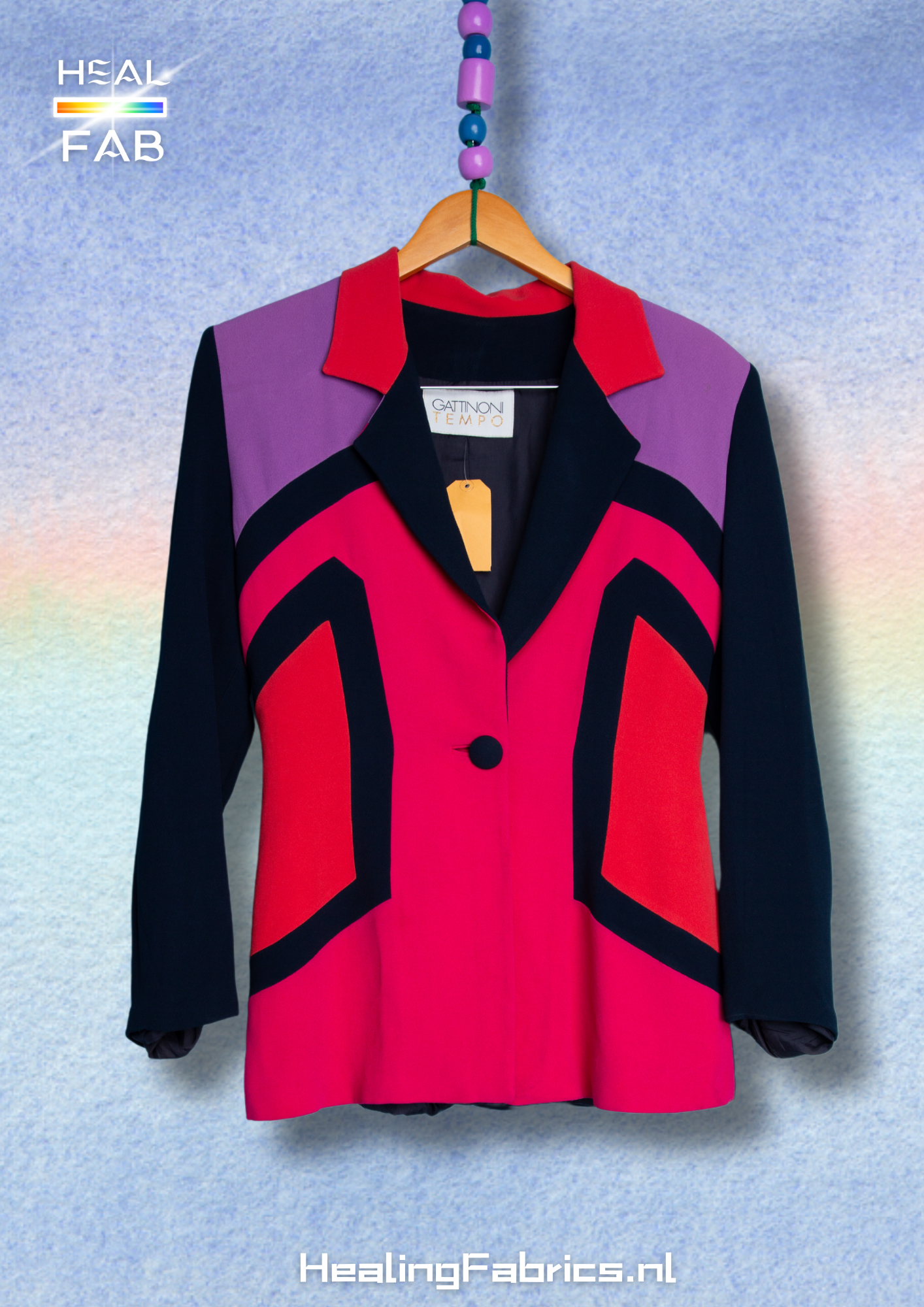 The Retro multicolor pop art blazer with neon pink, coral red, lilac and navy blue tints
