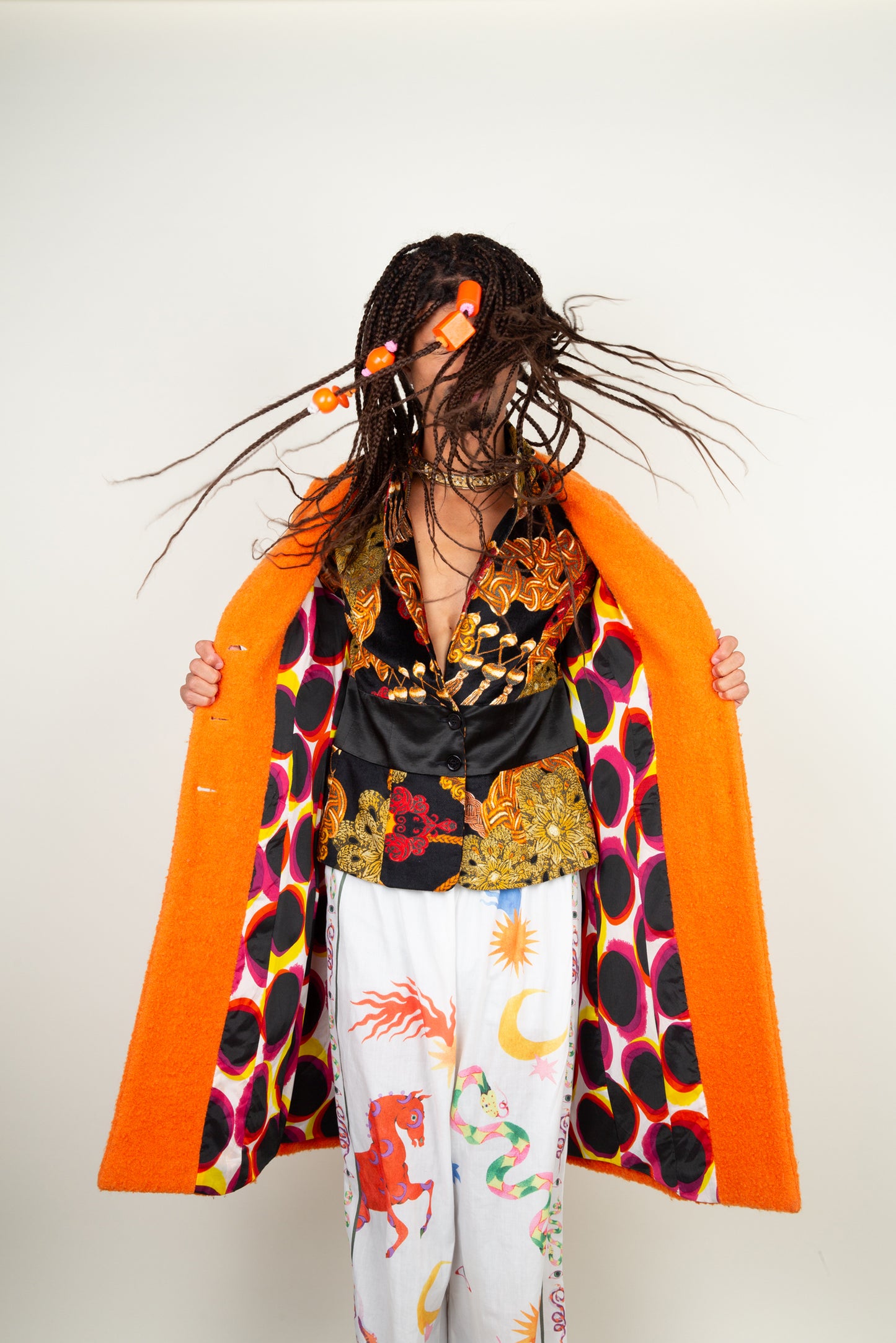 The fruity orange coat - Versace, with textured fabric and silver button detials