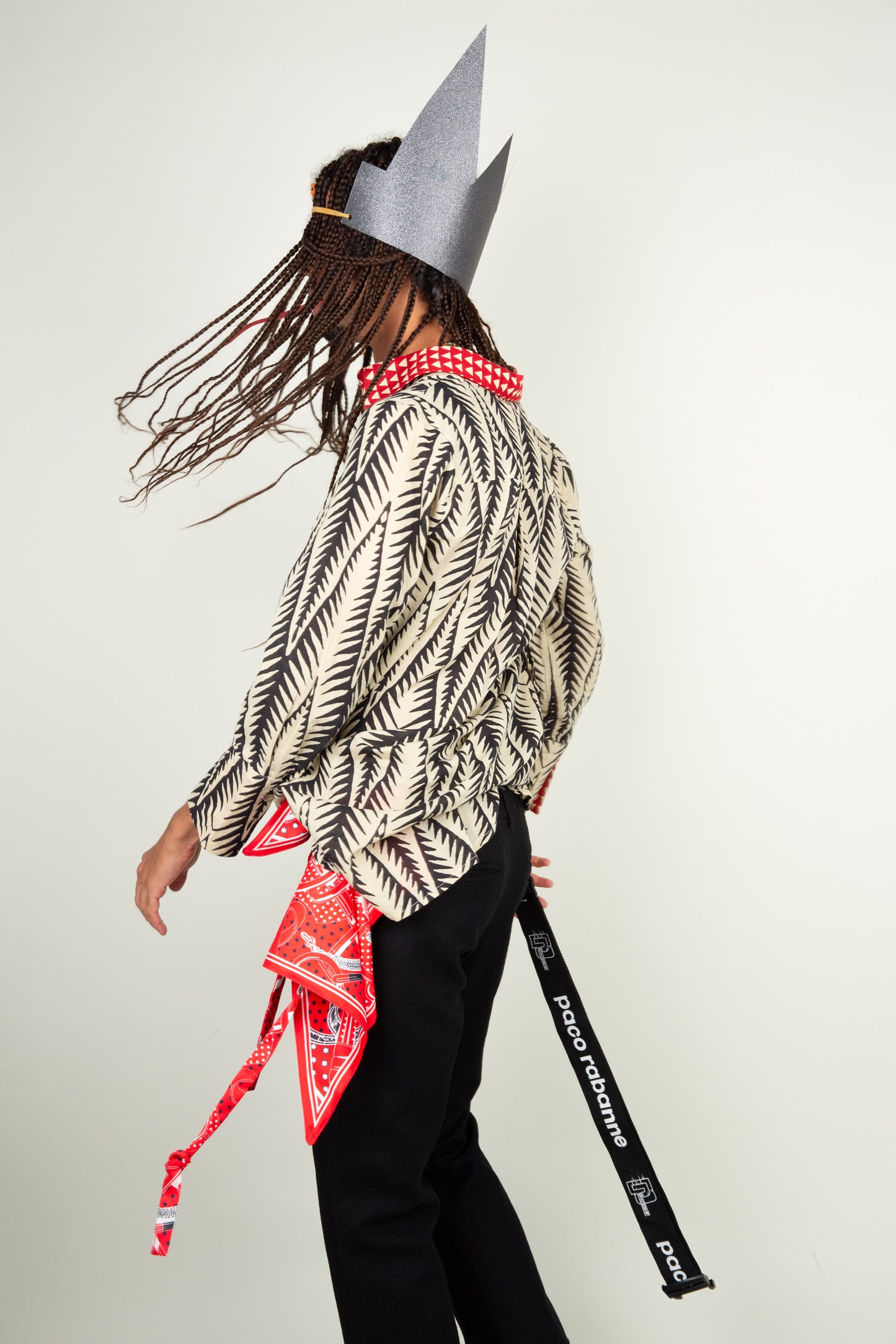 Tribal feather blouse in black and off white with red collar