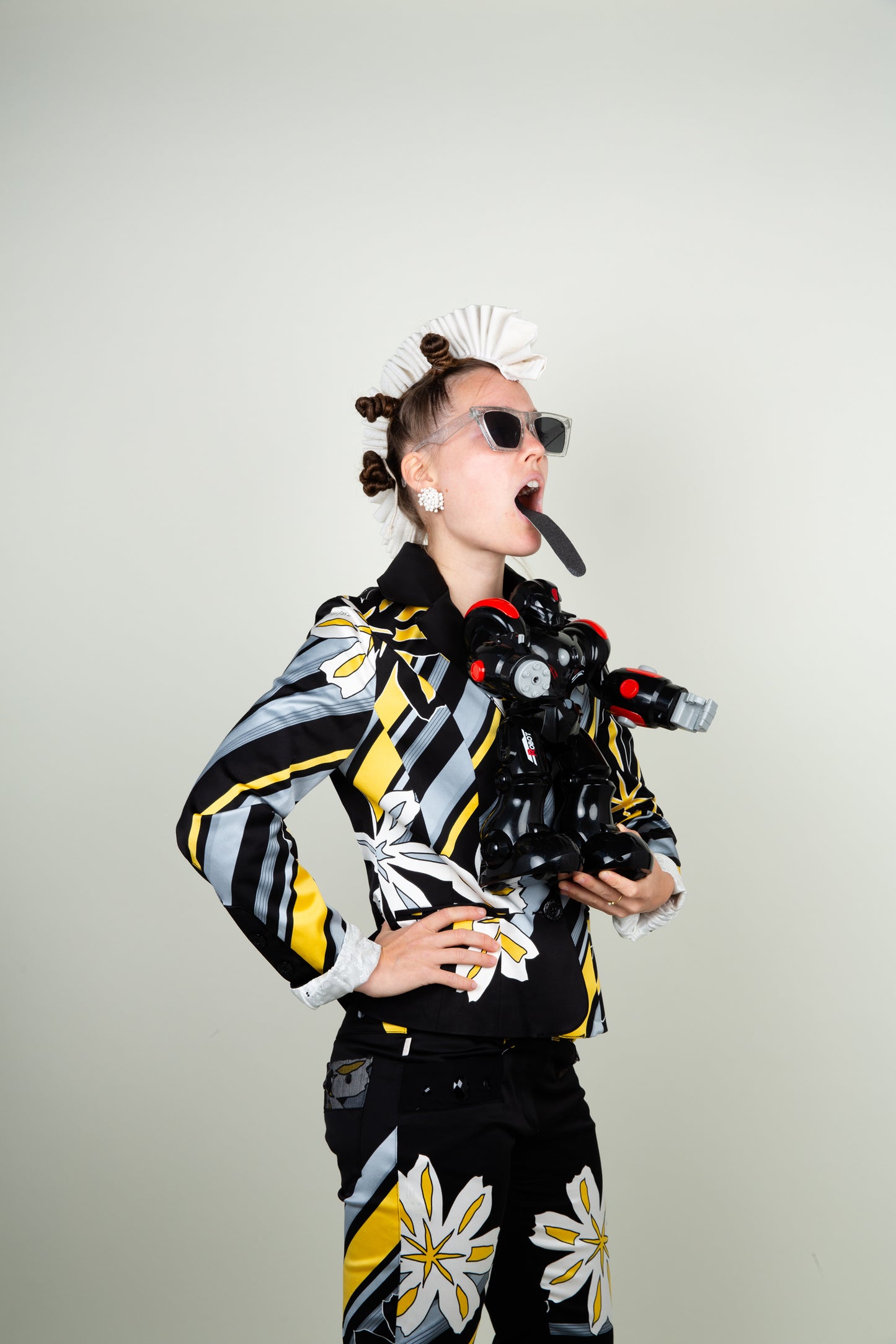 Architype blooming suit with graphic floral print in black, white & yellow