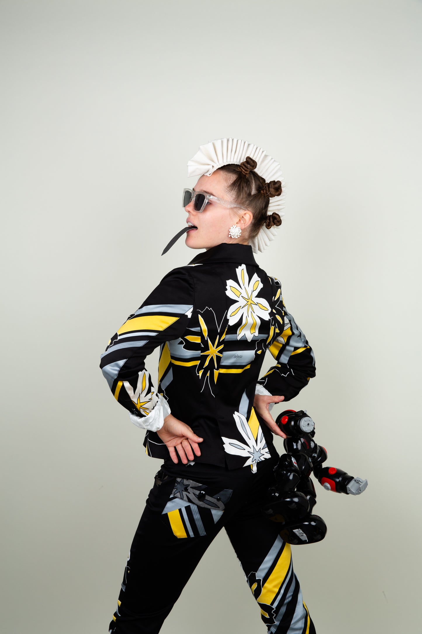 Architype blooming suit with graphic floral print in black, white & yellow