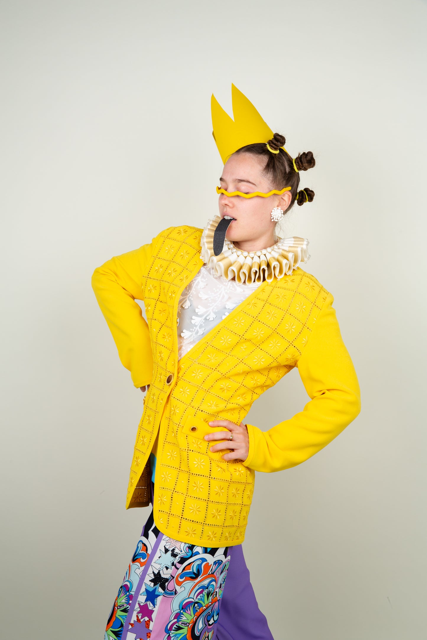 The square floral texture blazer in vibrant yellow with wooden buttons