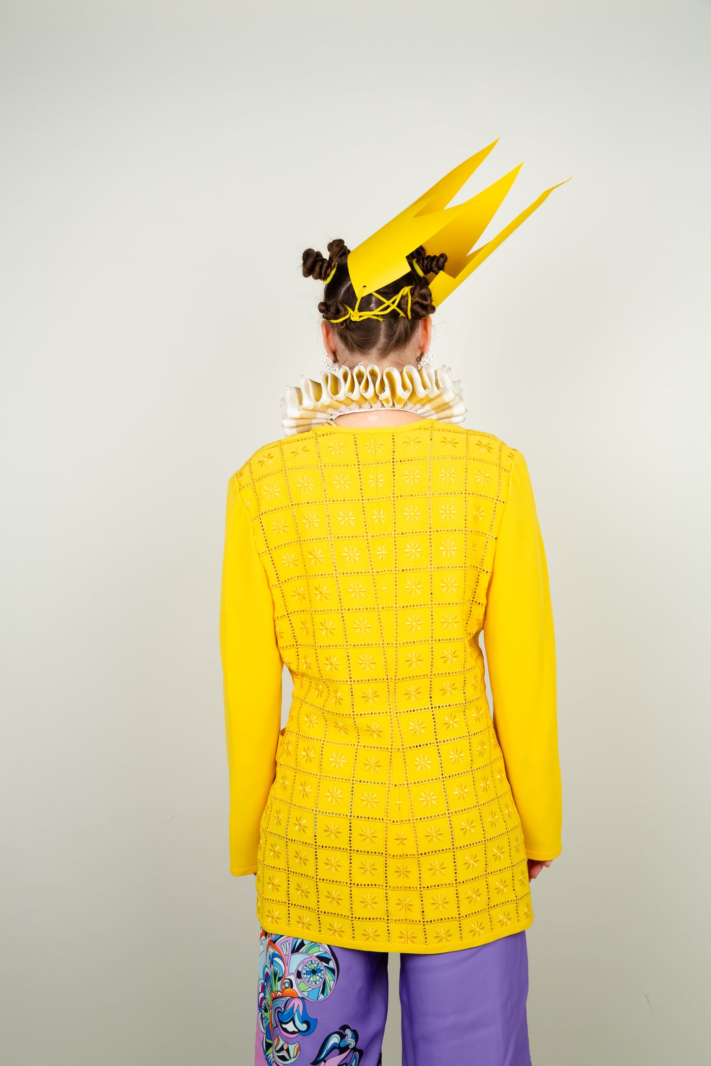The square floral texture blazer in vibrant yellow with wooden buttons