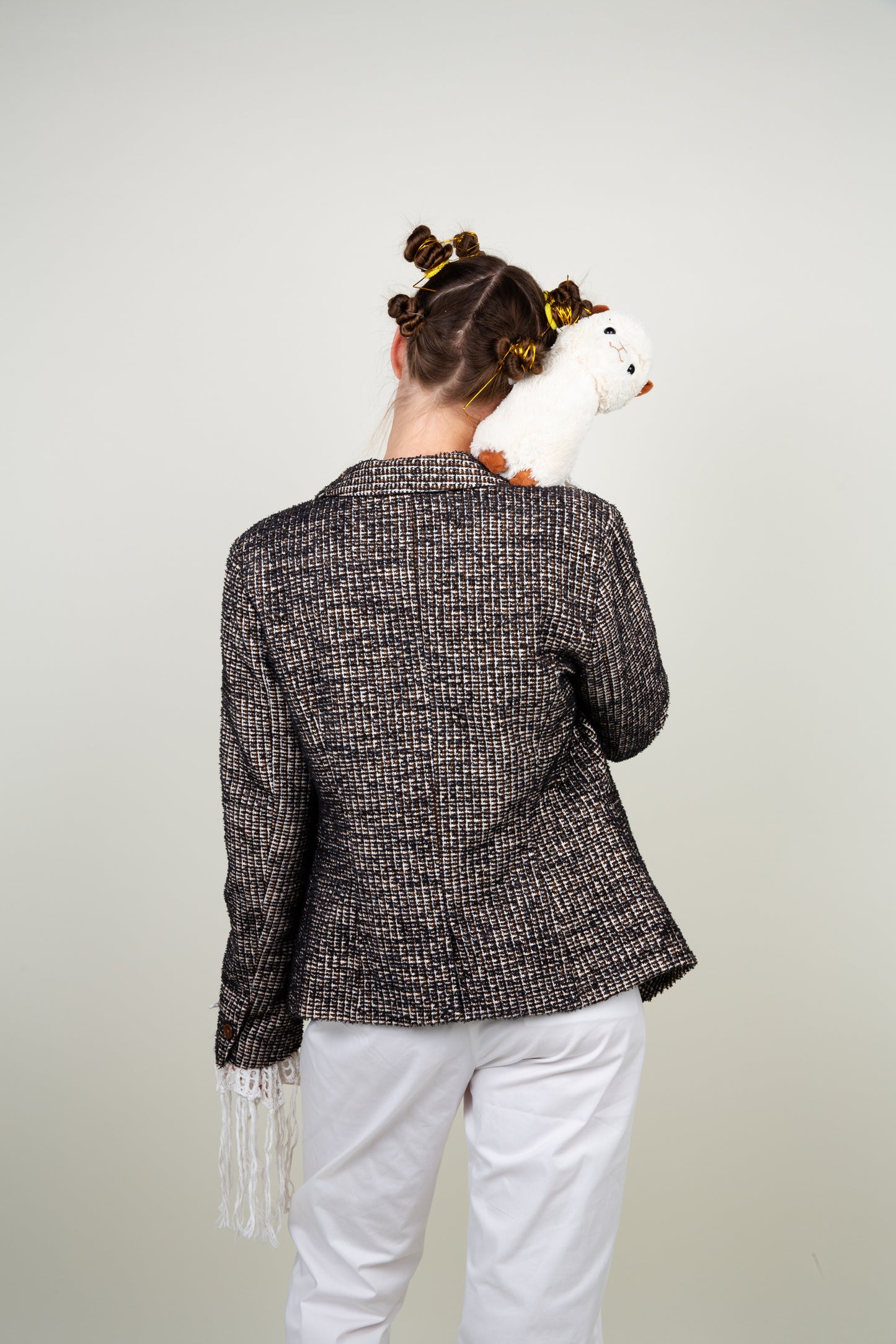 Micro tweed blazer in black, brown and white patterns