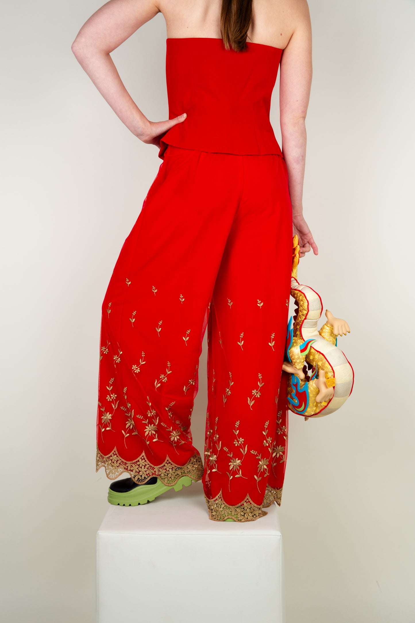 The embroidery red set corset & pants with gold details (full set)