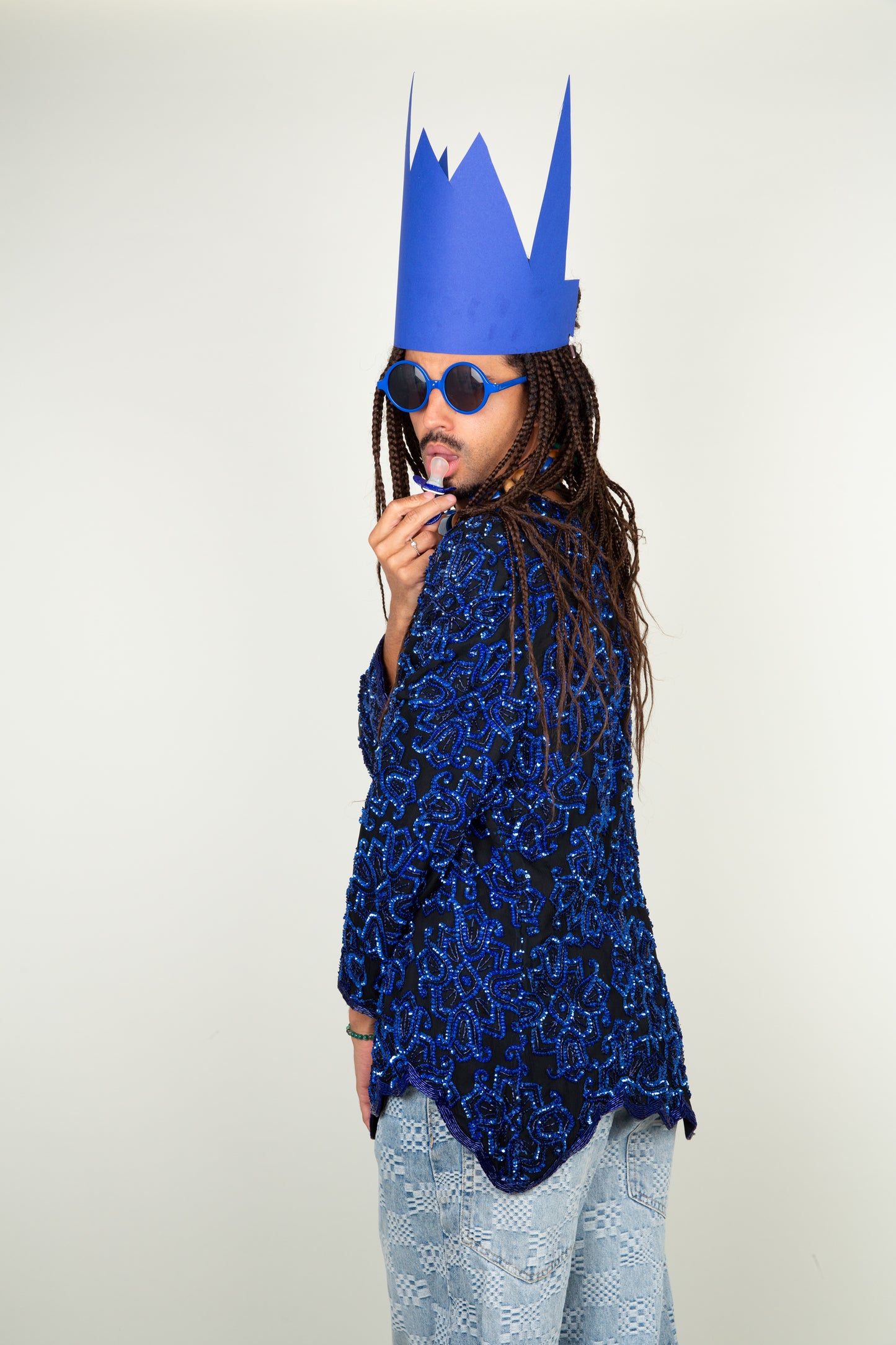 The silk long vest with thousand blue beads & pailettes