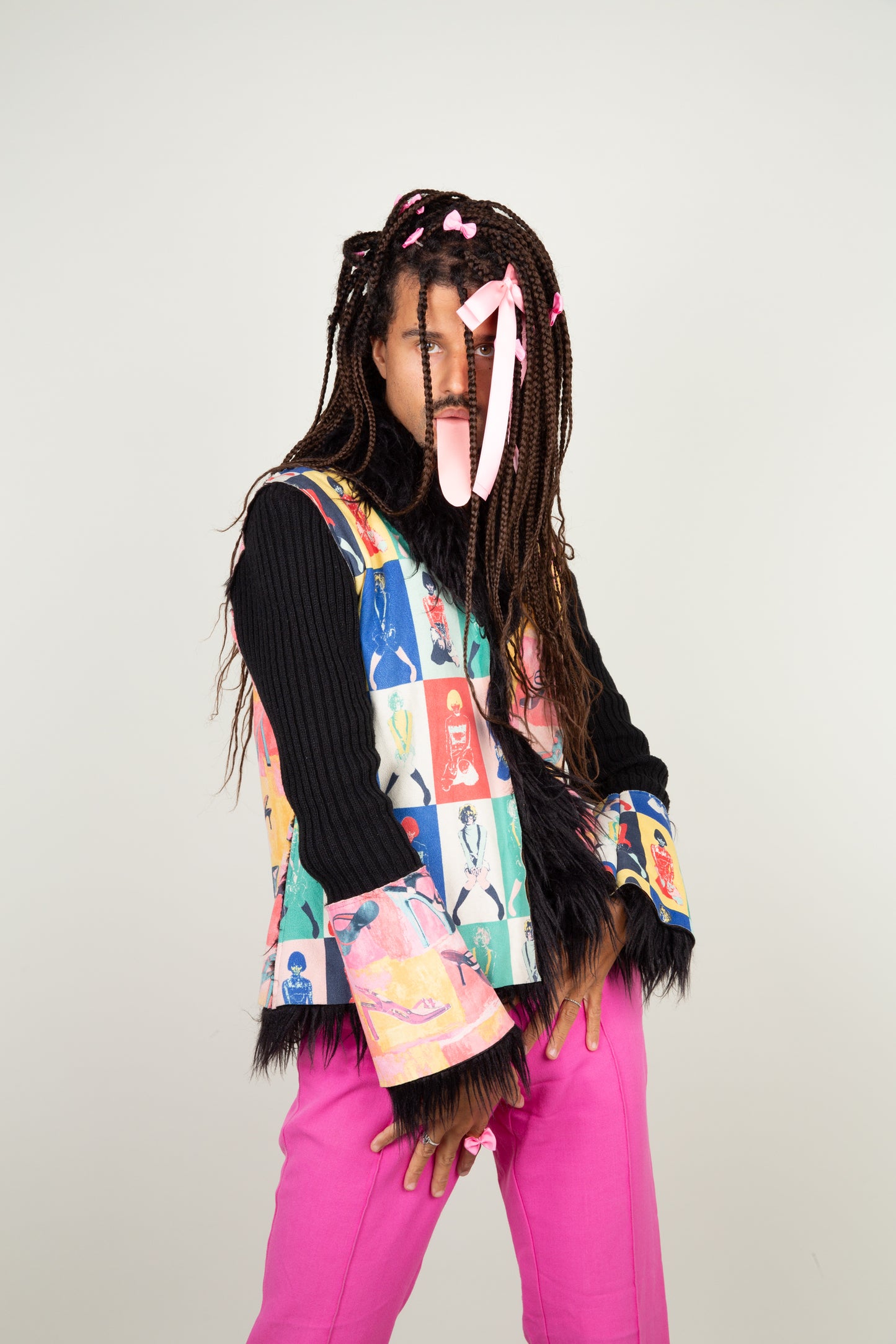 The fem pop-art jacket in multicolors of pink, blue, yellow, green