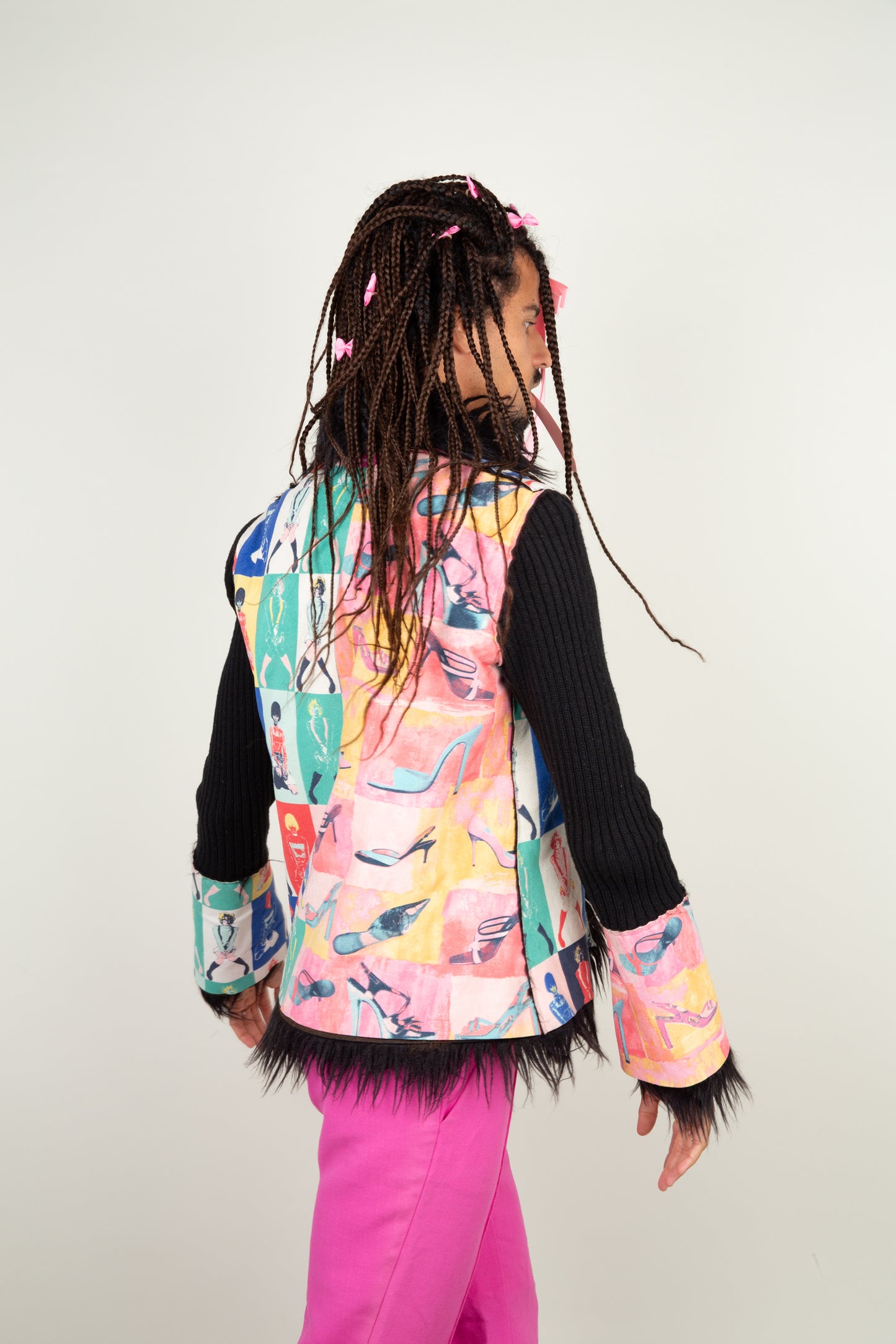 The fem pop-art jacket in multicolors of pink, blue, yellow, green