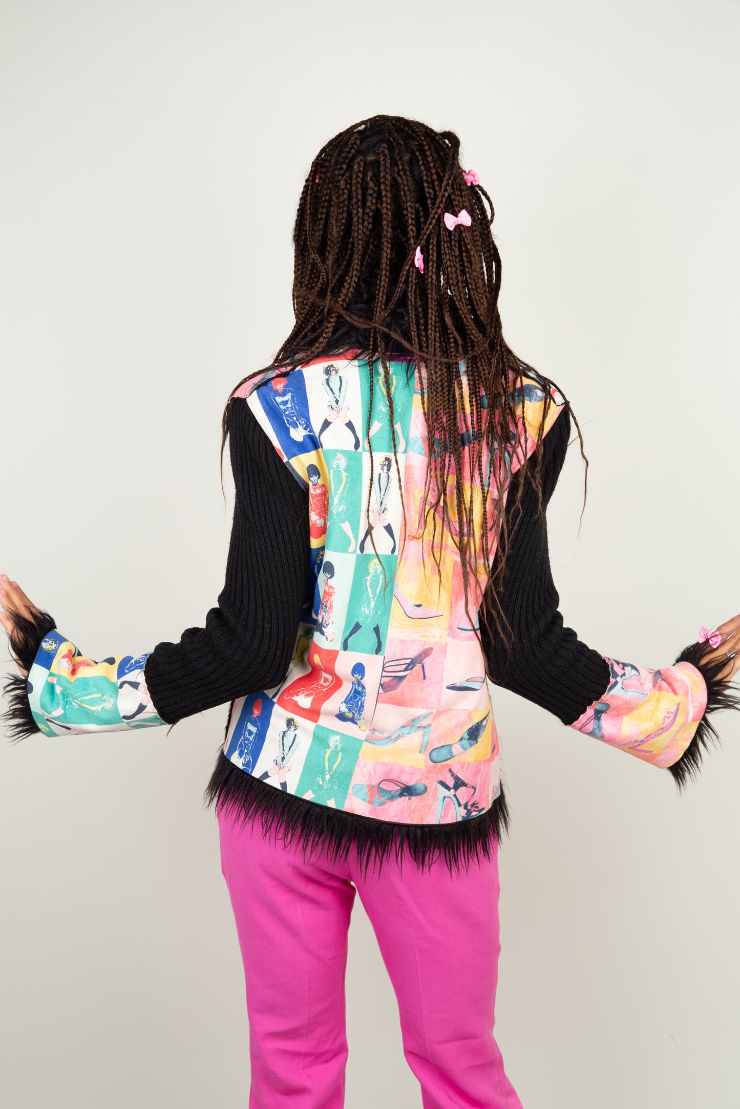The fem pop-art jacket in multicolors of pink, blue, yellow, green