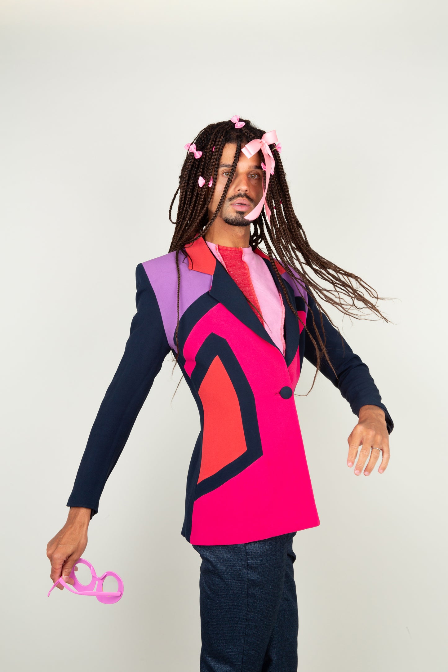 The Retro multicolor pop art blazer with neon pink, coral red, lilac and navy blue tints