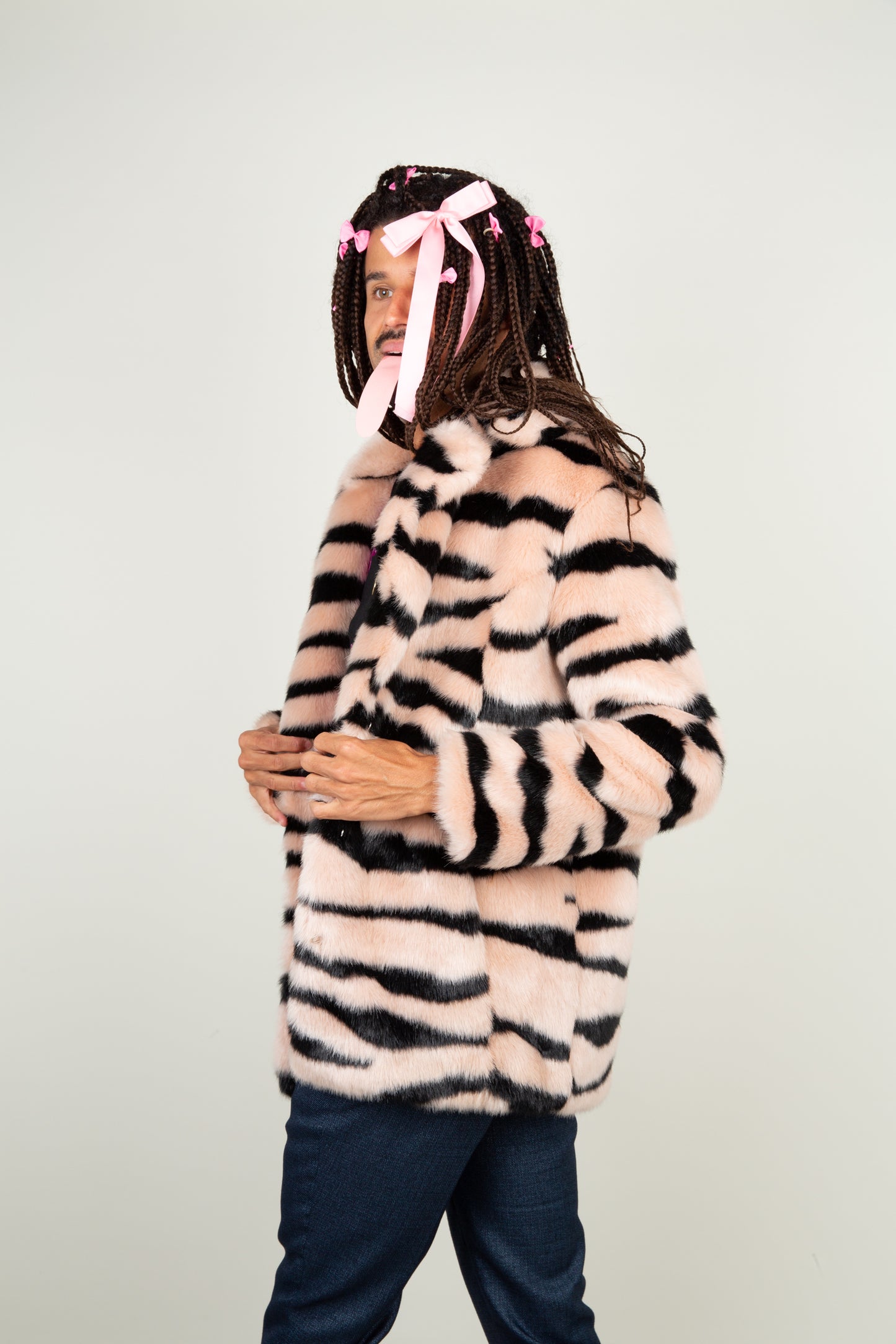 The Faux Tiger Striped coat in black and light pink tints