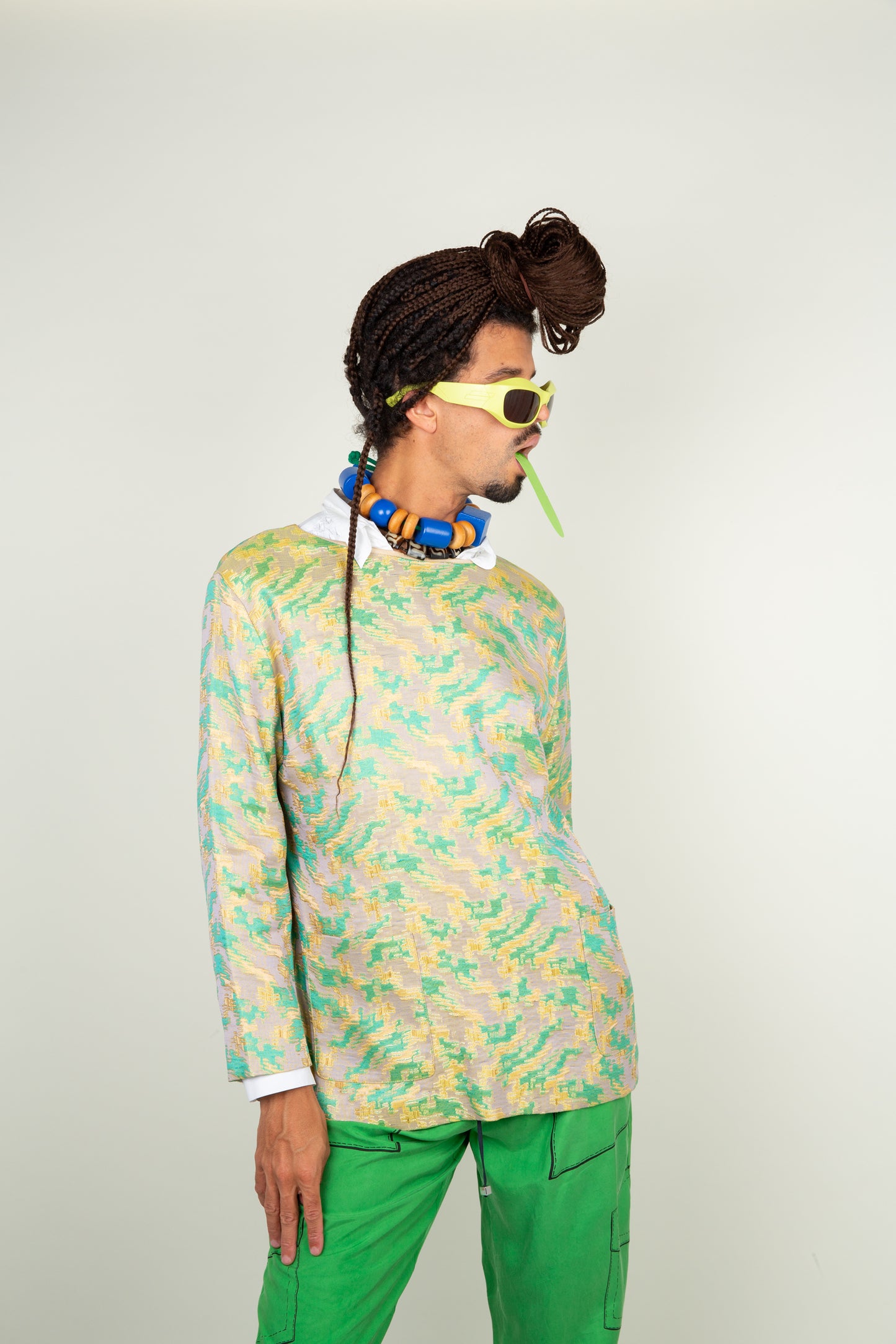 Dries van Noten - The oversized shiny sweater - with double pockets & embroidery print in gold, ecru & green