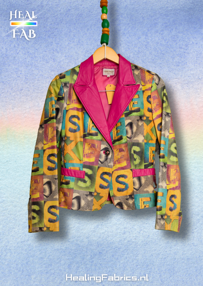 The retro S-E-X print jacket in multicolors and hint of pink fuchsia