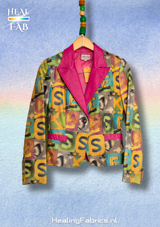 The retro S-E-X print jacket in multicolors and hint of pink fuchsia