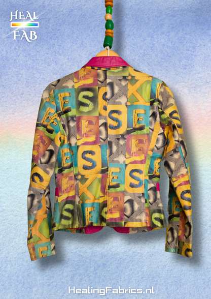 The retro S-E-X print jacket in multicolors and hint of pink fuchsia