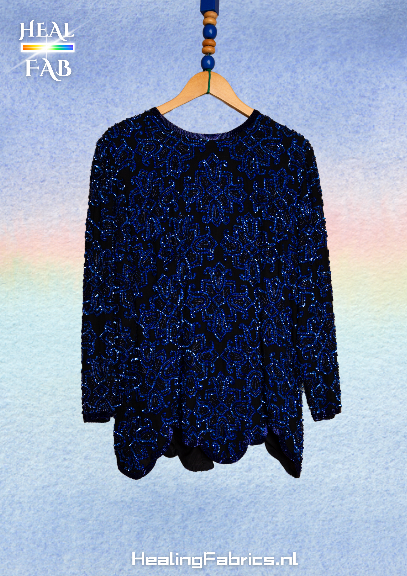The silk long vest with thousand blue beads & pailettes