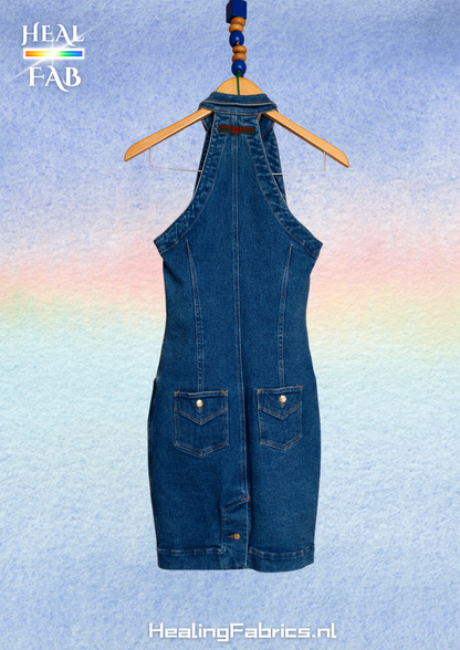 Sleeveless denim dress with multi pockets and gold buttons