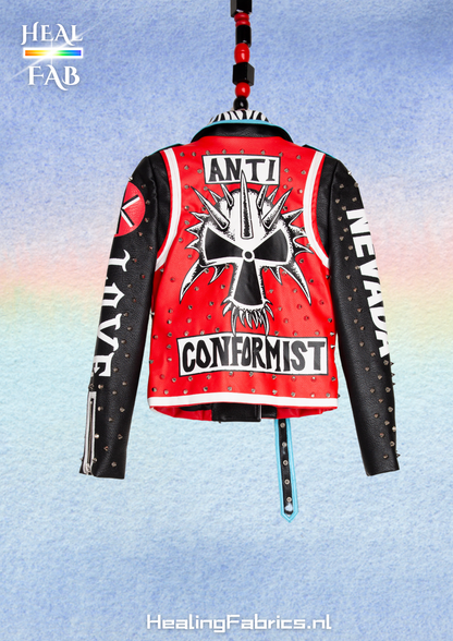The Protestor faux leather motor jacket - with graffi print, silver studs & adjustble belt