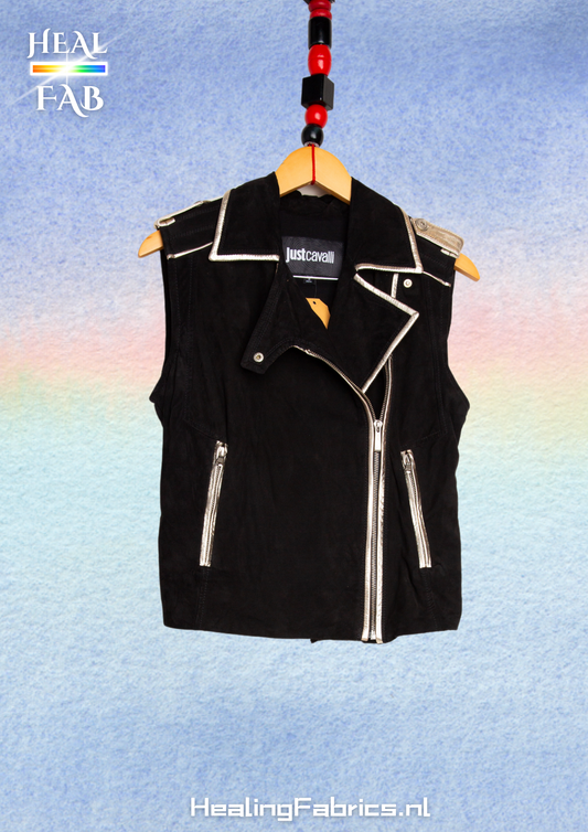 Asymmetric silver zipper gilet in black & silver - Roberto Cavalli