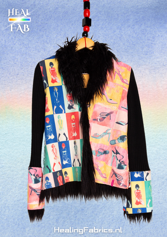 The fem pop-art jacket in multicolors of pink, blue, yellow, green