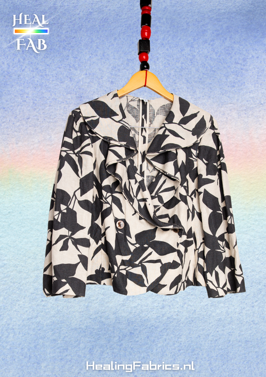 The Linen ruffled collar front blazer  - Armani with simplified floral print in black & white
