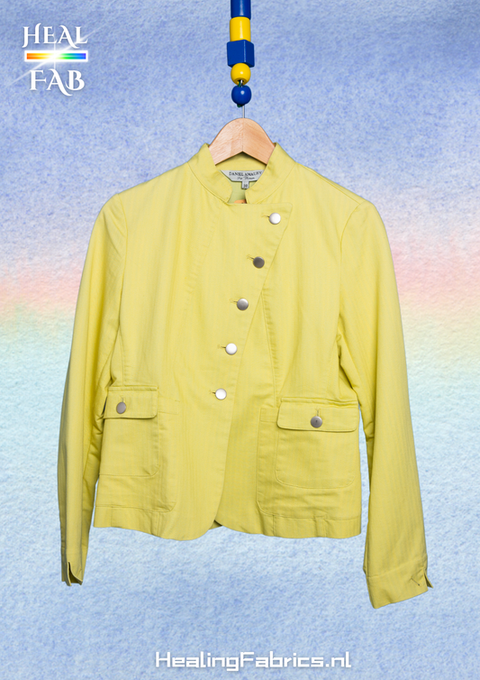The asymmetric button blazer in lime green with silver detials