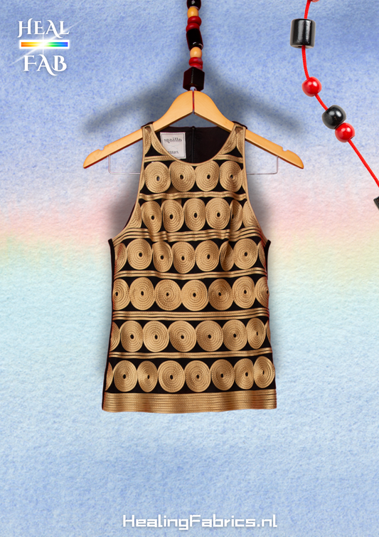 The sleeveless gold disk top