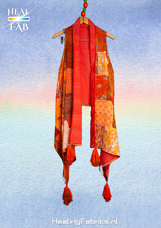 The patchwork orange scarf gilet with multicolor stitches