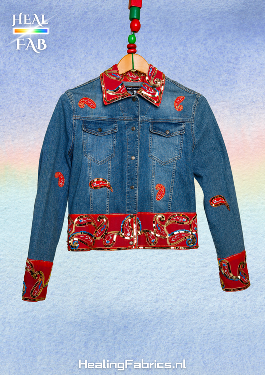 The Sparkling Elena Denim Jacket - with red silk, paisley and paillettes.