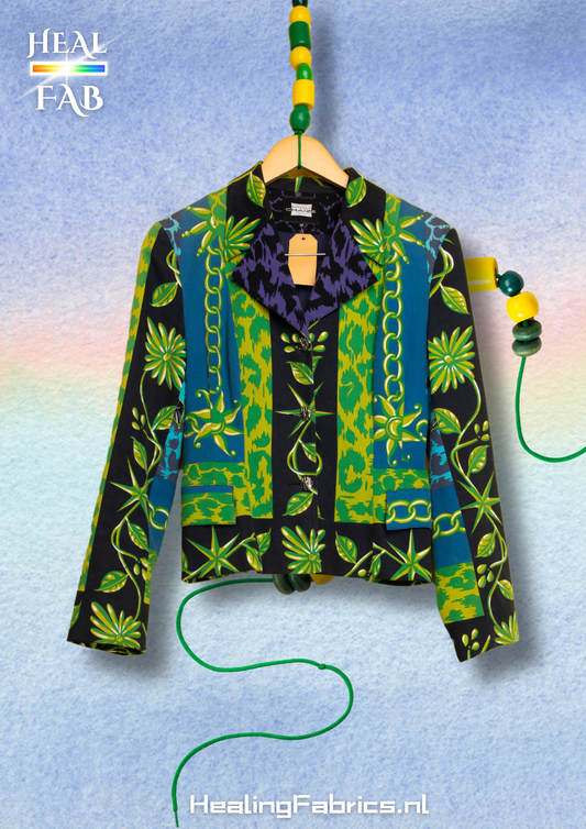 The cotton fiber tropical blazer with multicolor nature prints in green black blue and purple