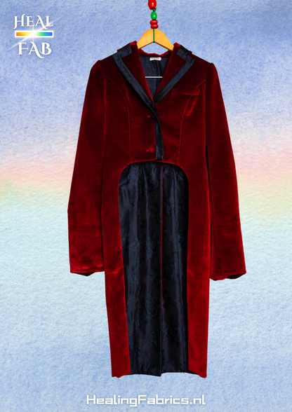 The red velvet puppet master tailcoat - Red, Black & Deep blue with back slit Miu Miu