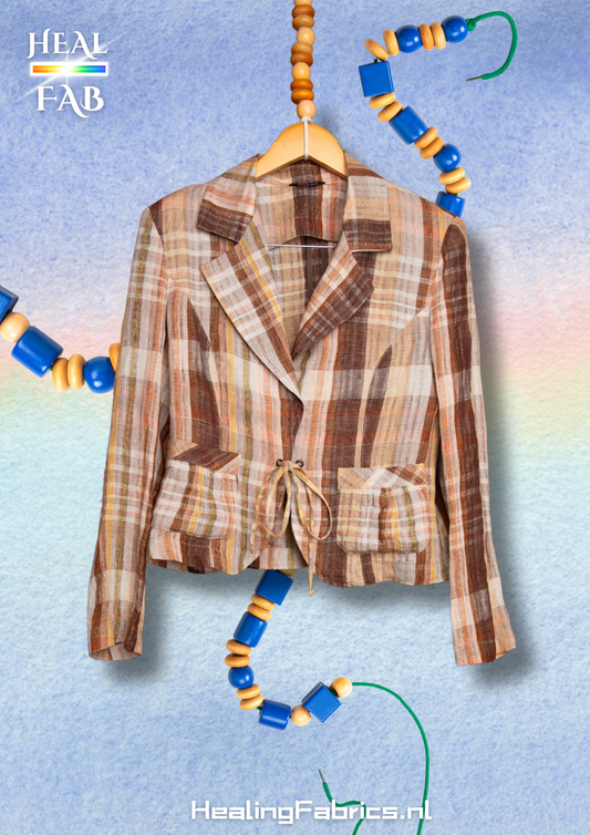 The Checkered blazer in deep brown tints with adjustable chord and gold threads