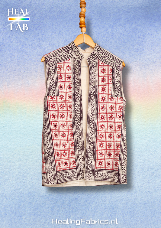 The Sleeveless Indiana Mirror Gilet Jacket with detailed red & black embroidery
