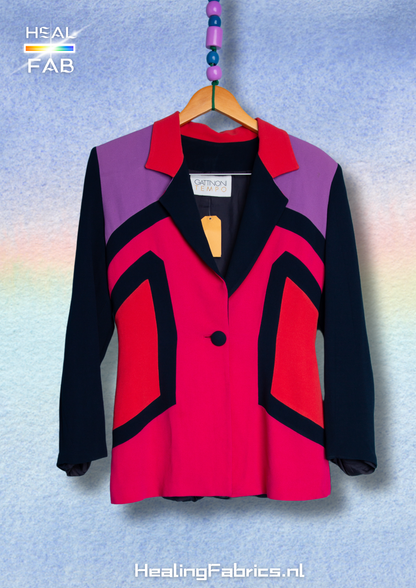 The Retro multicolor pop art blazer with neon pink, coral red, lilac and navy blue tints