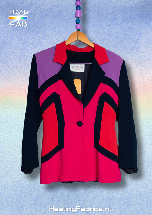The Retro multicolor pop art blazer with neon pink, coral red, lilac and navy blue tints