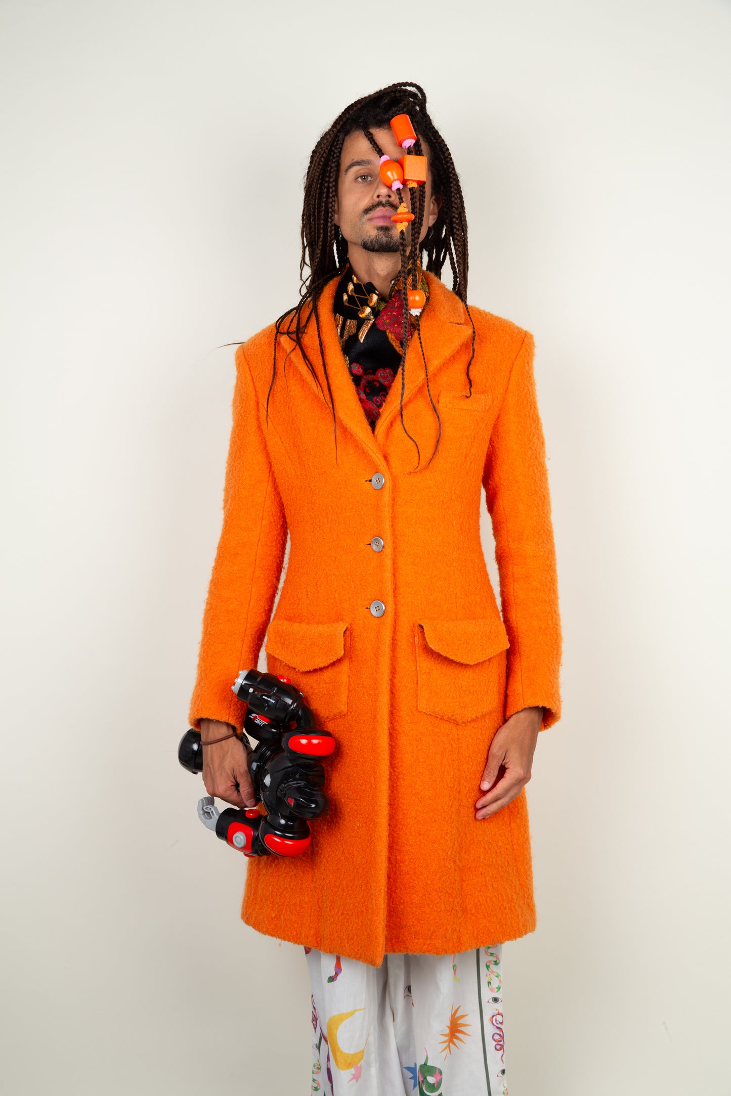 The fruity orange coat - Versace, with textured fabric and silver button detials