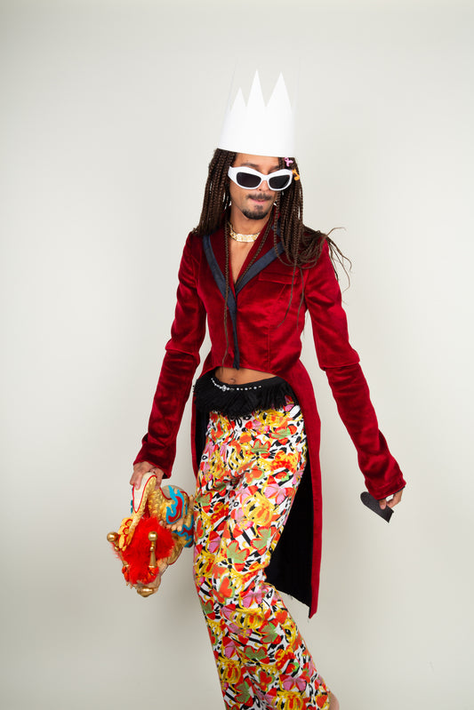 The red velvet puppet master tailcoat - Red, Black & Deep blue with back slit Miu Miu
