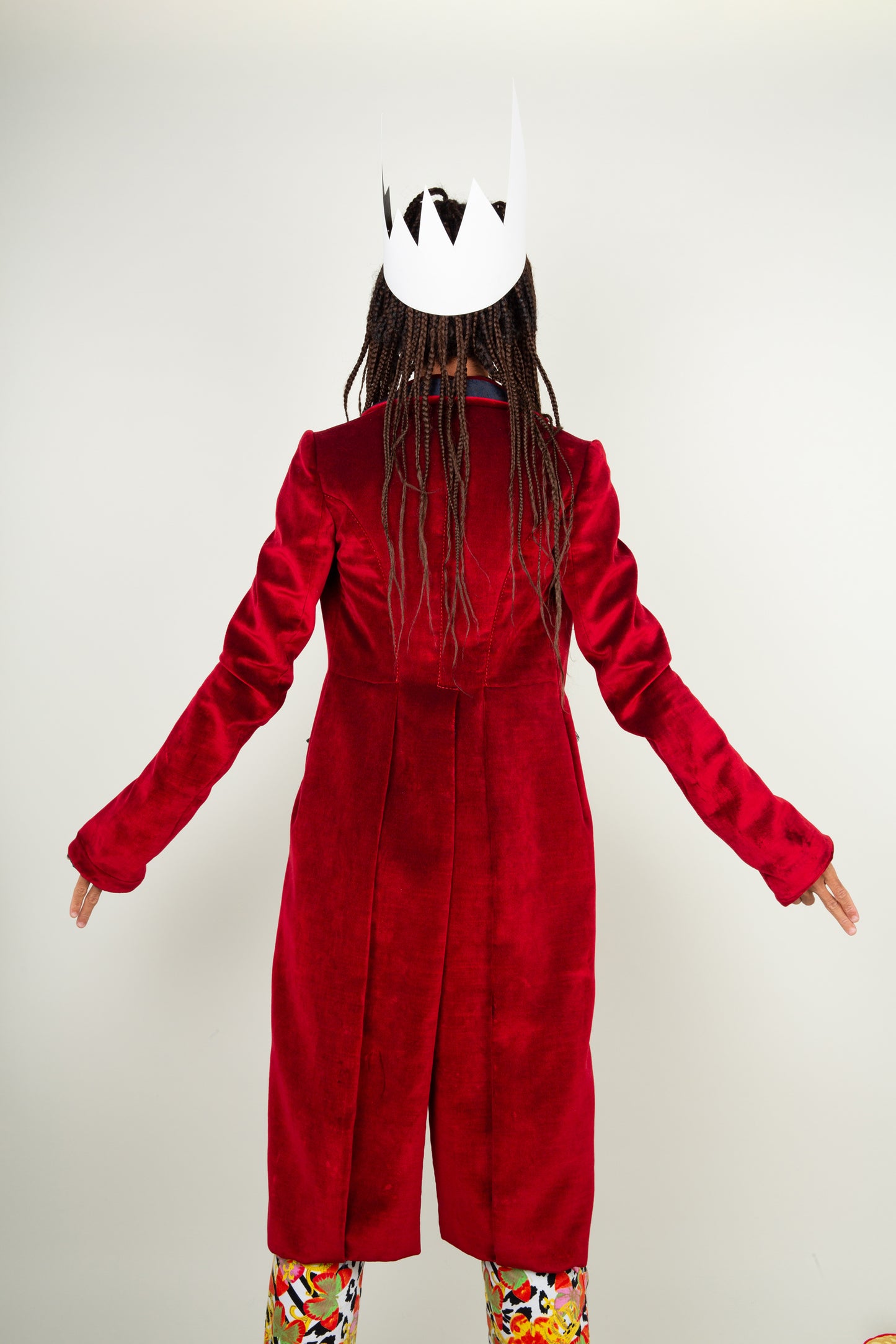 The red velvet puppet master tailcoat - Red, Black & Deep blue with back slit Miu Miu