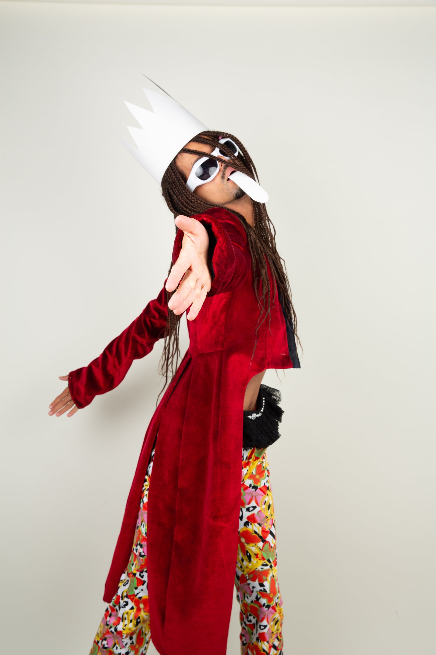 The red velvet puppet master tailcoat - Red, Black & Deep blue with back slit Miu Miu