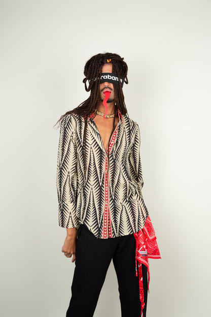 Tribal feather blouse in black and off white with red collar